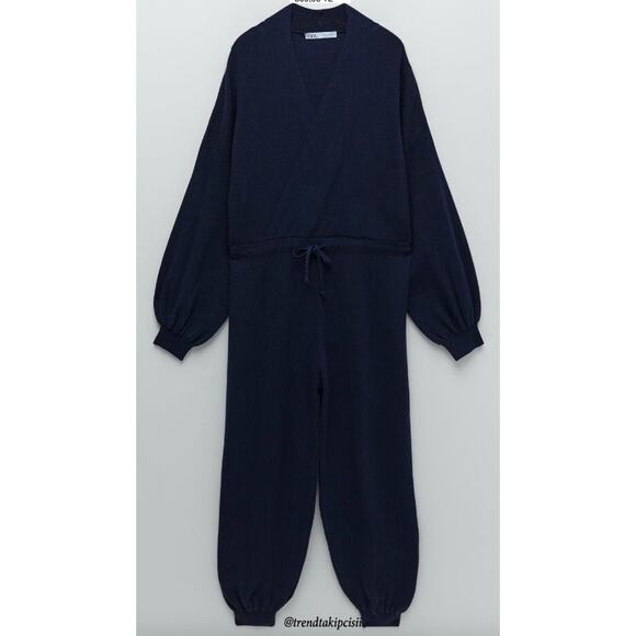 ZARA Navy Blue Jumpsuit Ribbed Knit Wrap V-Neck Casual Drop Shoulder M Medium - Picture 1 of 9